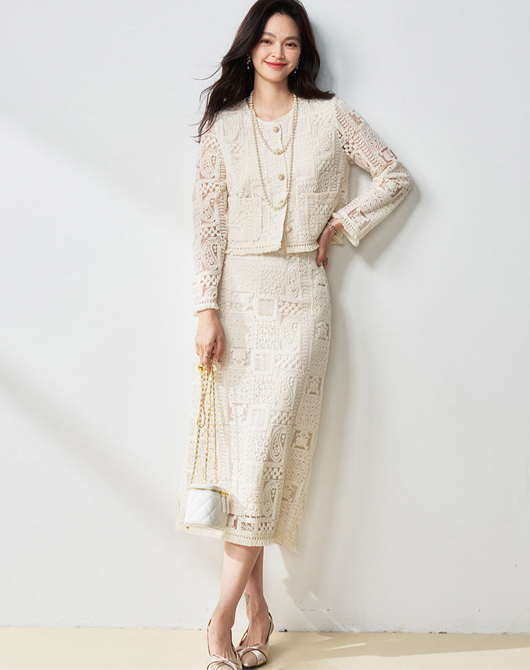 Luxury Beige Two-Piece Set with Fringe & Hollow Floral Details