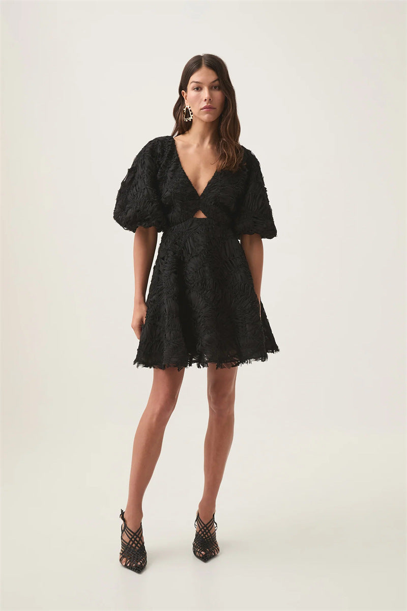 Textured Short Puff Sleeve A-Line Dress