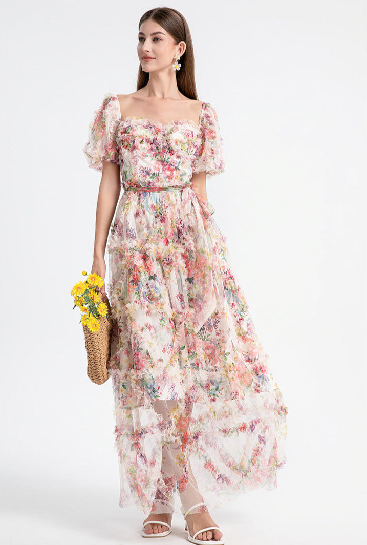 Square Neck Ruffle Sleeve Tulle Fairy Dress