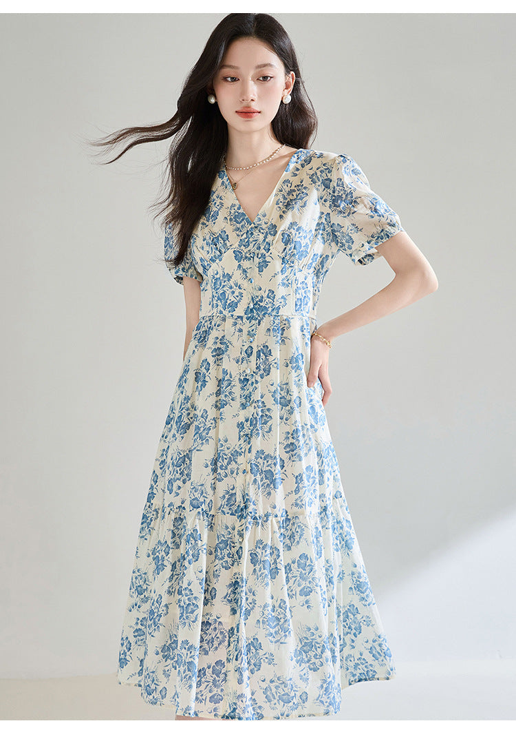 French Blue Floral Cotton Dress – Tie Waist, V-Neck