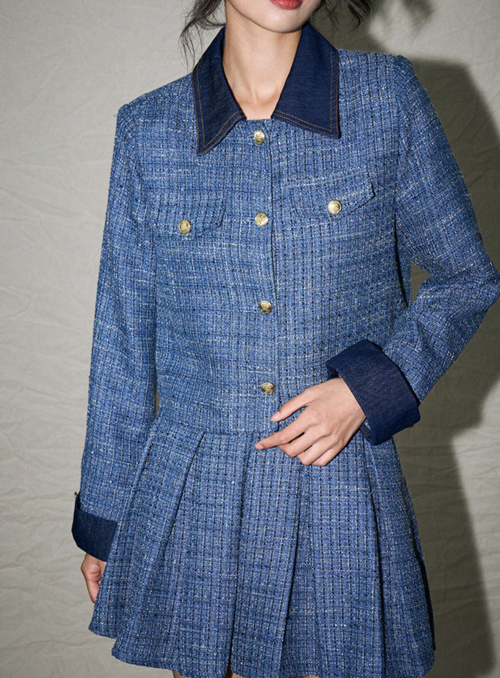 French Retro Pleated Blazer and Skirt Set – Chanel-Inspired Denim Elegance