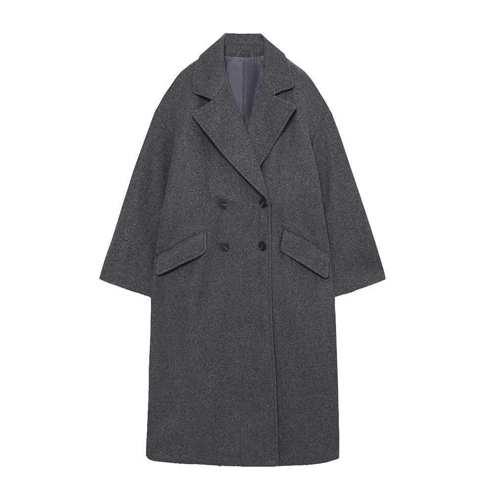 Double-Breasted Cotton Blend Long Coat – Relaxed Fit, Lightweight Warmth