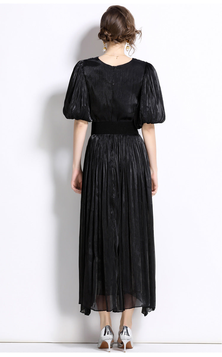 Shimmering Ruched Maxi Dress with Puff Sleeves