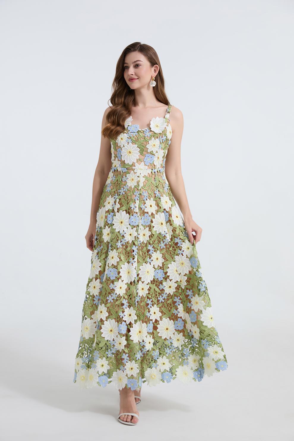 Embroidered One-Shoulder Green Maxi Dress