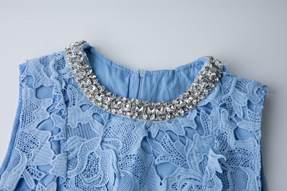 Blue Lace Mini Dress with Pearl Details