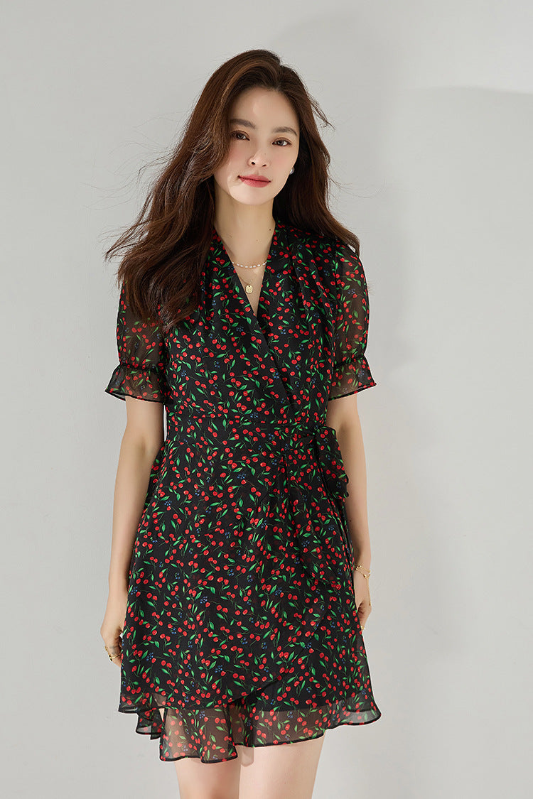 Fruit Print V-Neck Midi Dress