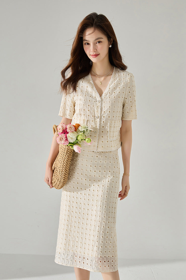 Elegant Geometry Ecru Tencel Top and Midi Top&Skirt