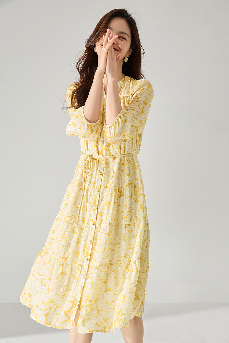 Yellow Floral Chiffon Long Dress