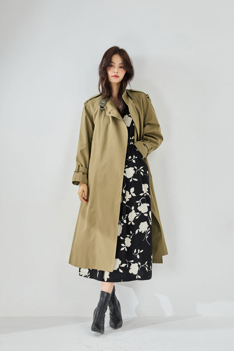 Velvet-Textured Stand Collar Mid-Length Trench Coat