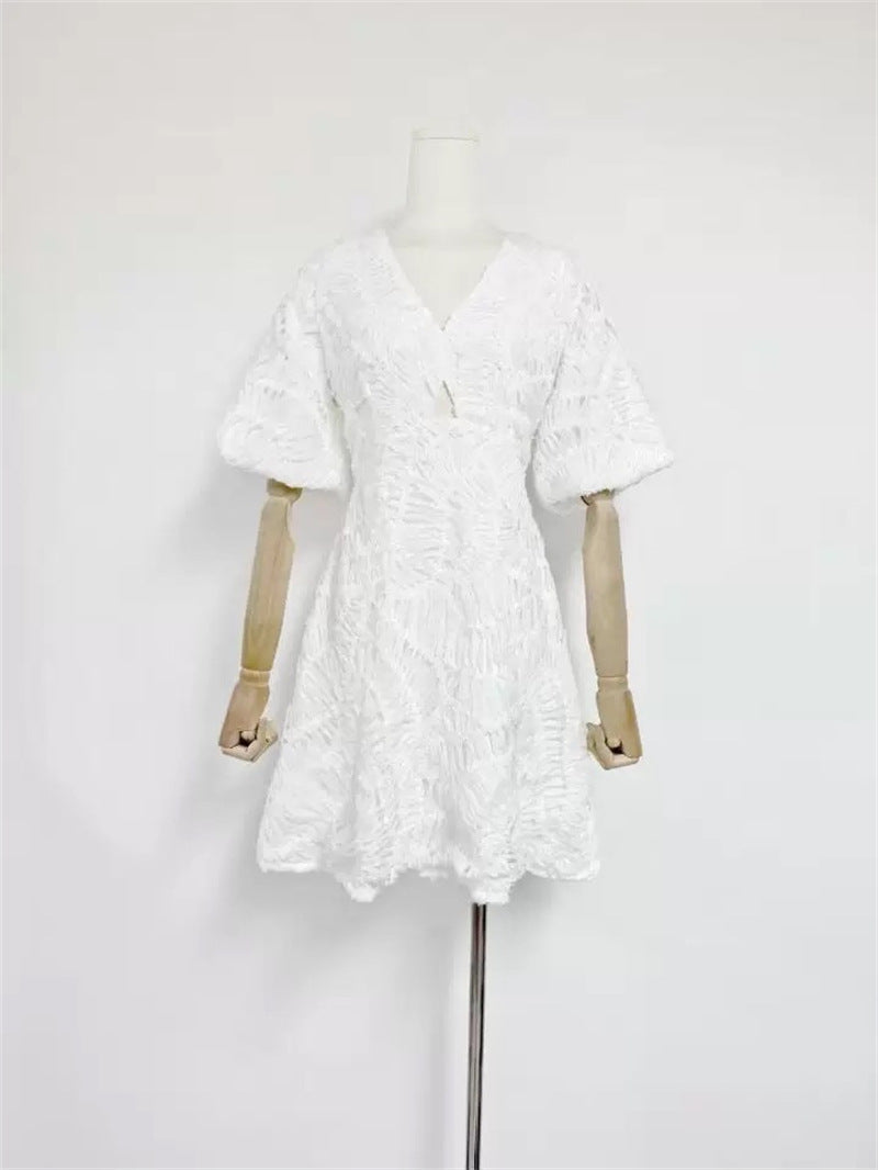 Textured Short Puff Sleeve A-Line Dress