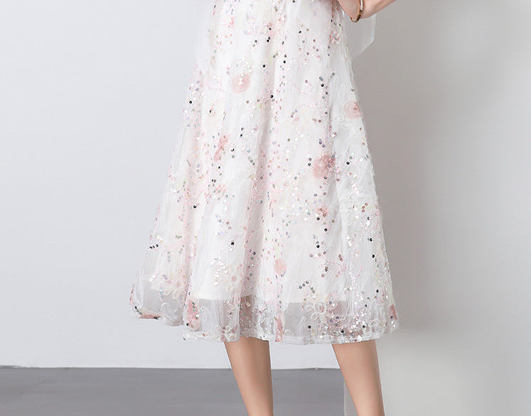 Crystal Sequin Embroidered V-Neck Midi Dress