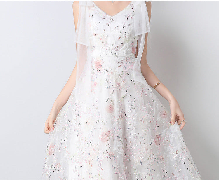 Crystal Sequin Embroidered V-Neck Midi Dress