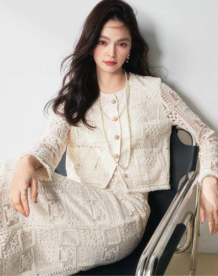 Luxury Beige Two-Piece Set with Fringe & Hollow Floral Details