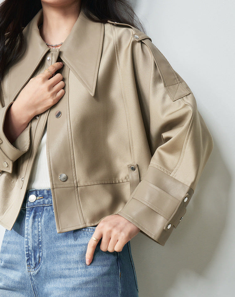 Western Style Oversized Cropped Faux Leather Jacket