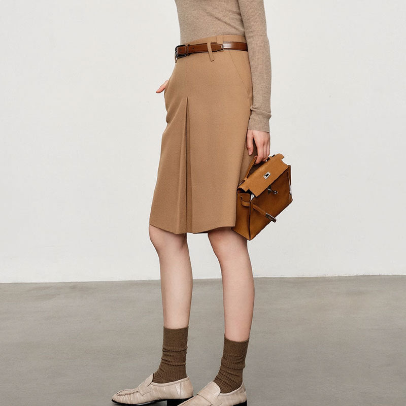 Wool Serge Twill Midi Skirt – High Waist A-Line Office Style
