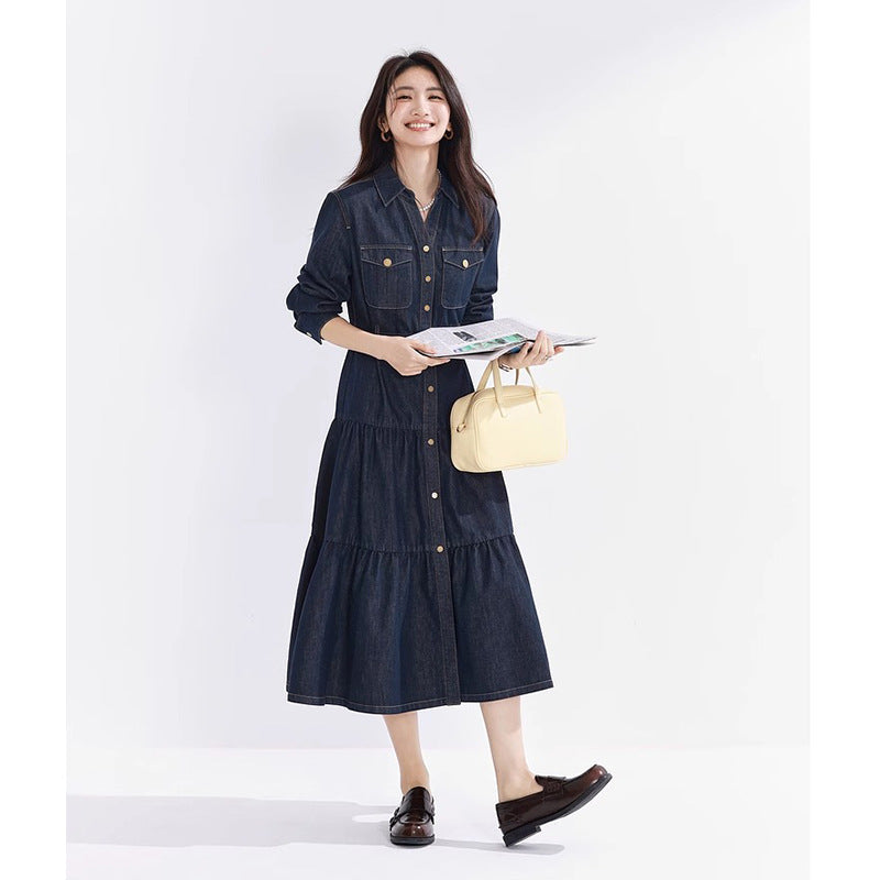 High-Waisted Tiered Midi Denim Dress – Button-Up Shirt Style with Layered Skirt