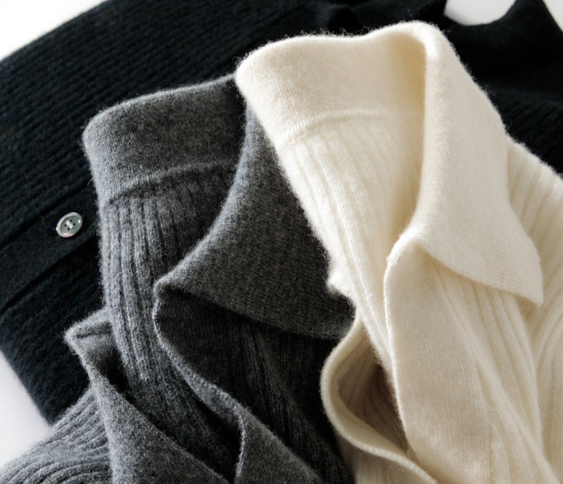 100% Pure Cashmere Polo Collar Cardigan – Long Sleeve, Classic Fit, Ultra-Soft