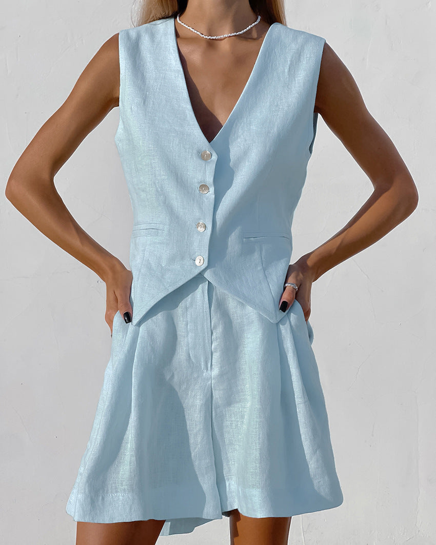 Summer Touch Linen Vest & Shorts Set
