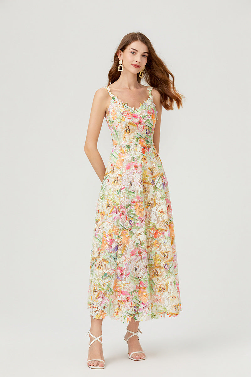 French Style Floral Lace Midi Dress