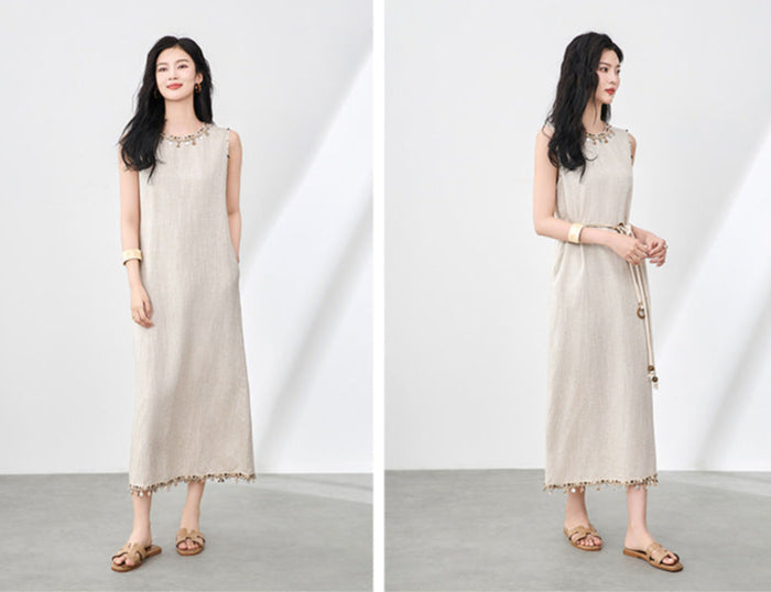 Boho Linen-Tencel Dress with Shell Detail and Removable Buckle Necklace