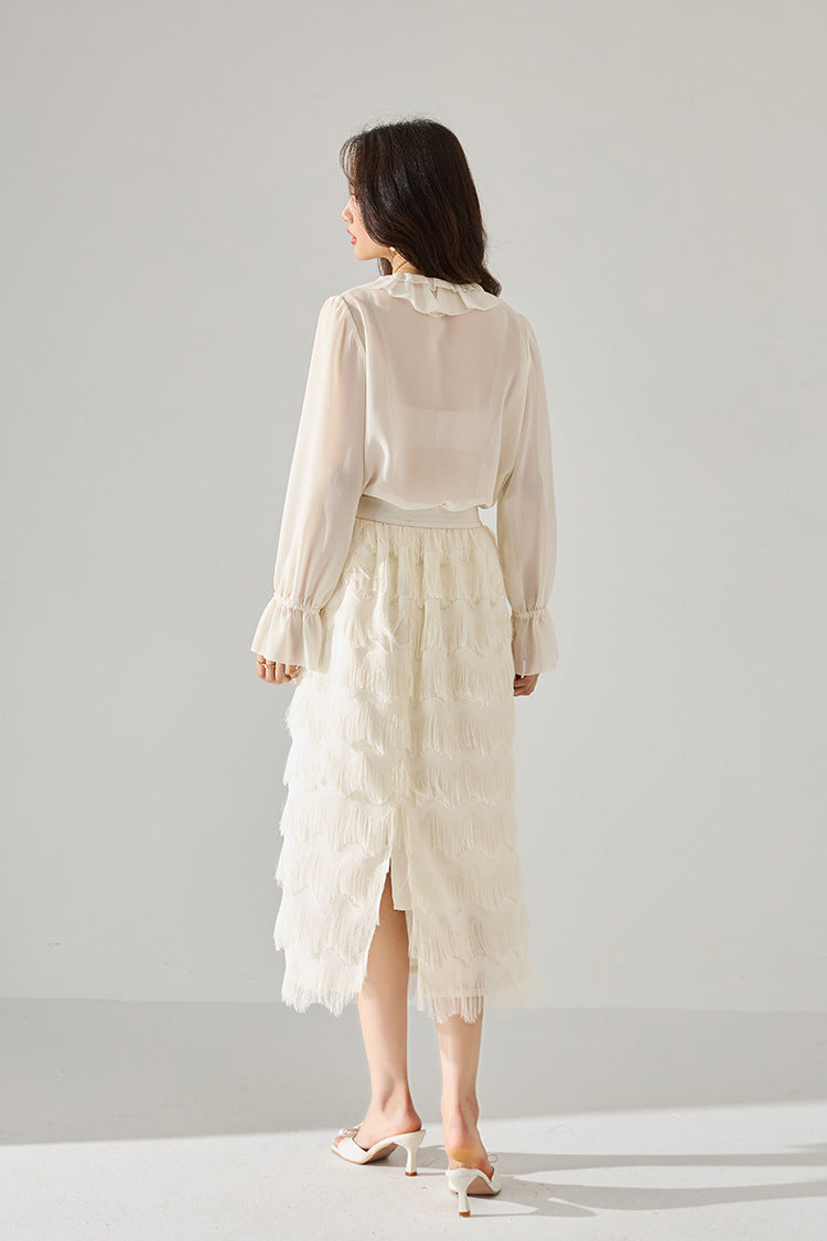 Tassel Layered Ecru Midi Skirt