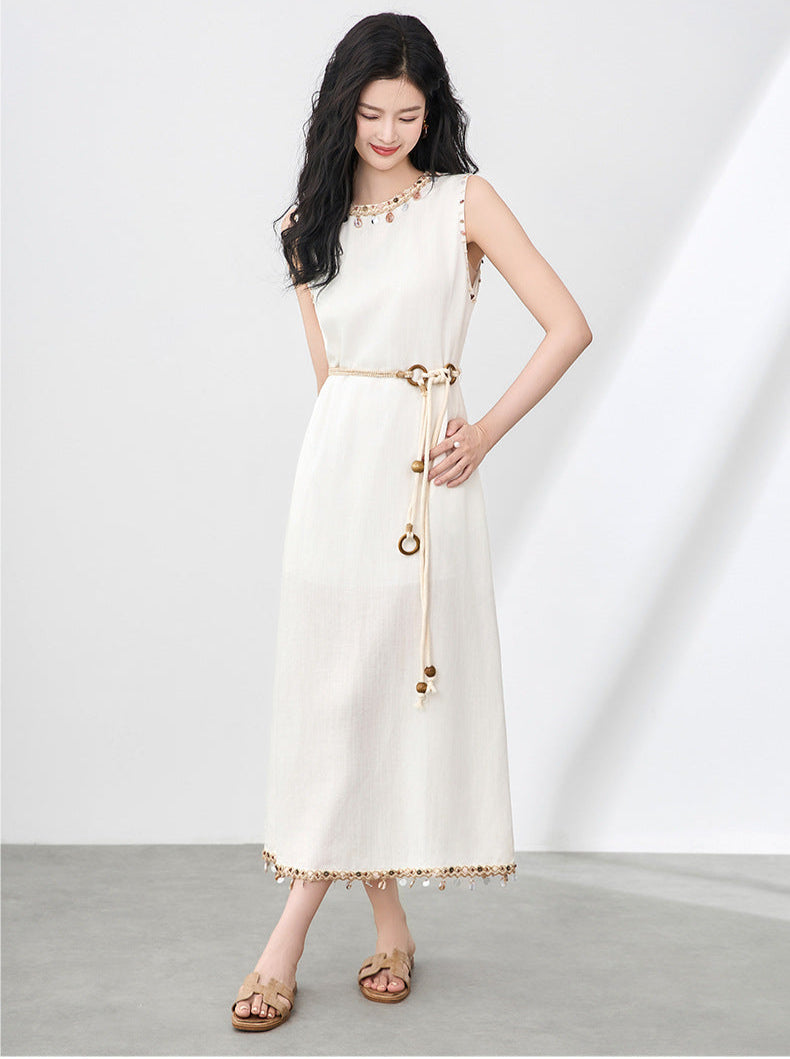 Boho Linen-Tencel Dress with Shell Detail and Removable Buckle Necklace