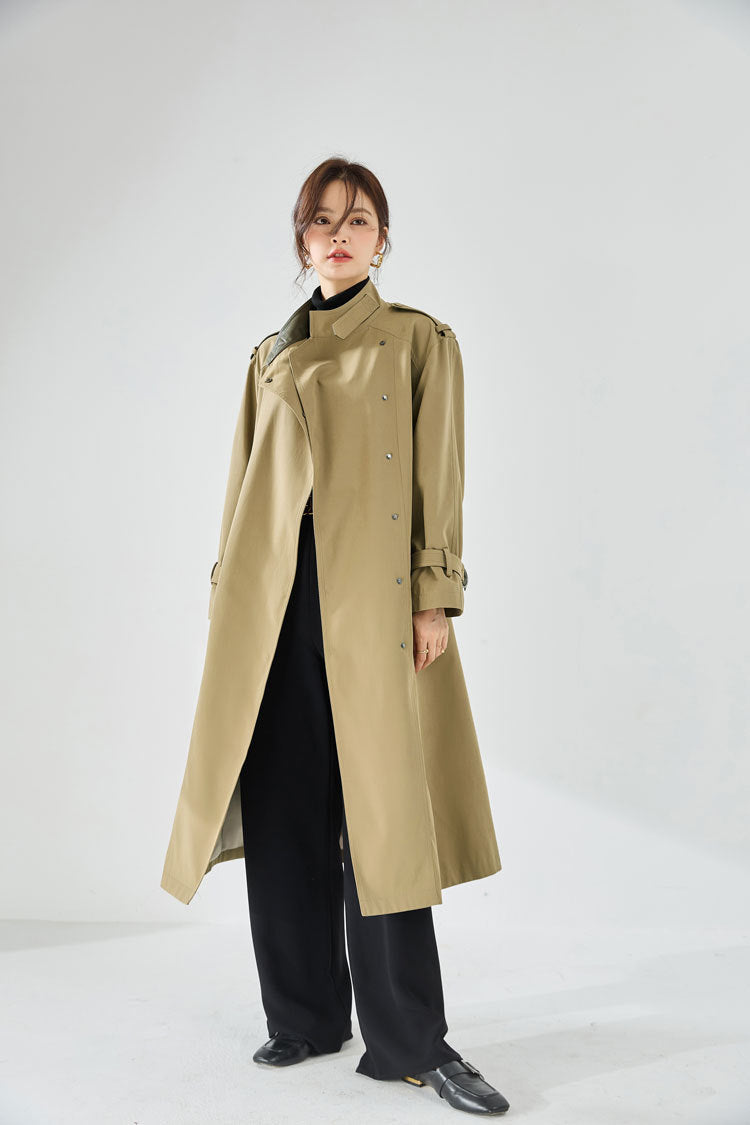 Velvet-Textured Stand Collar Mid-Length Trench Coat