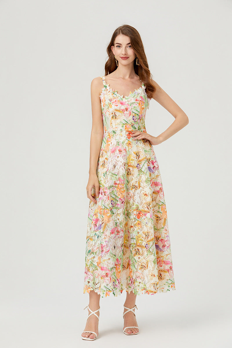 French Style Floral Lace Midi Dress