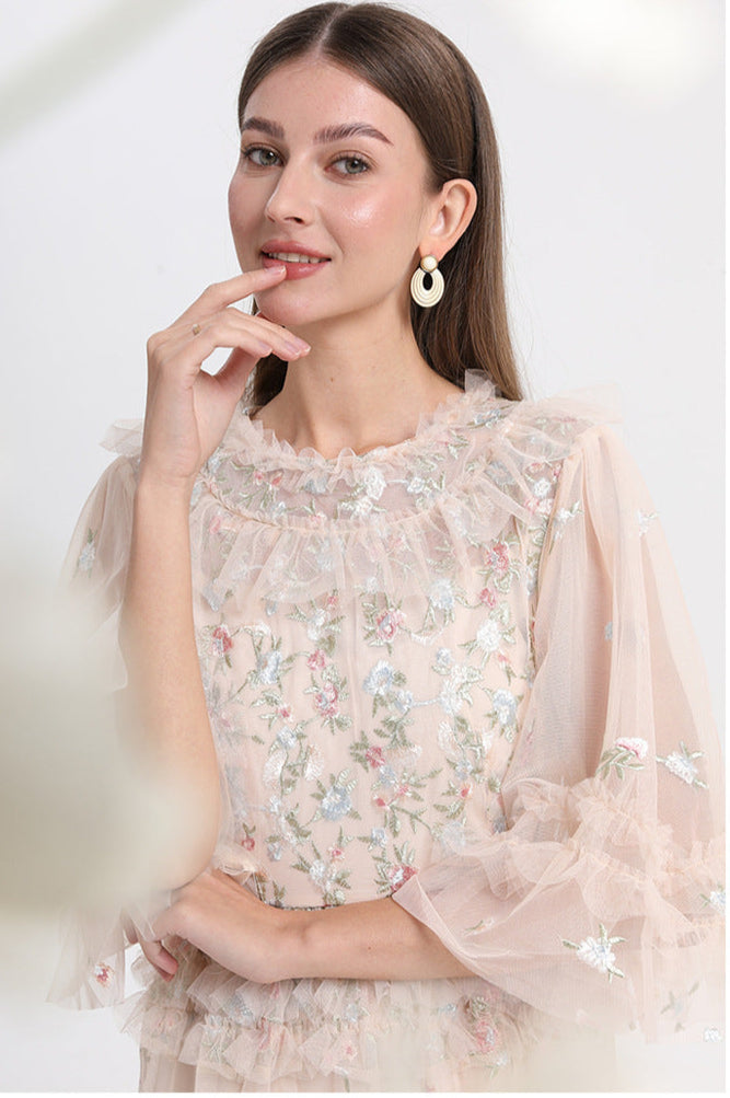 Ruffled Long Dress with Sheer Tulle Hem