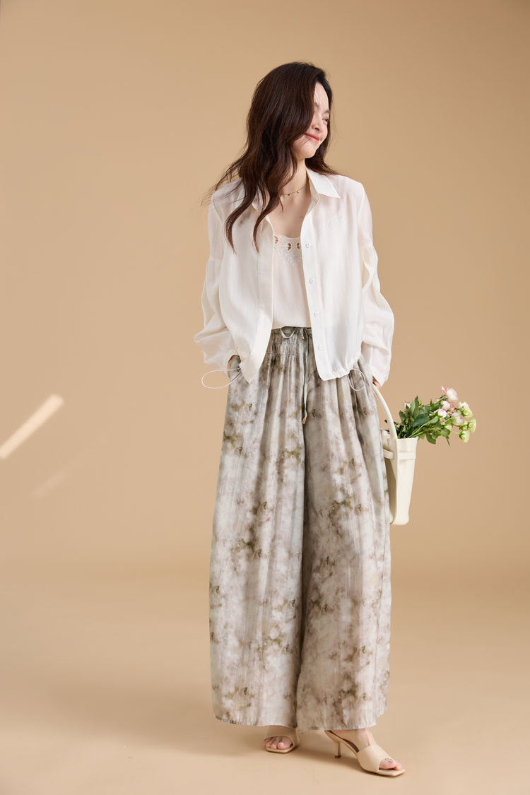 Elegant Ink Print Wide-Leg Tencel Pants