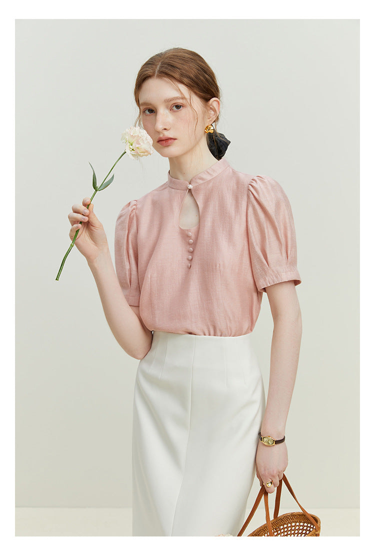 Elegant Ripple Collar Sheer Short Sleeve Blouse