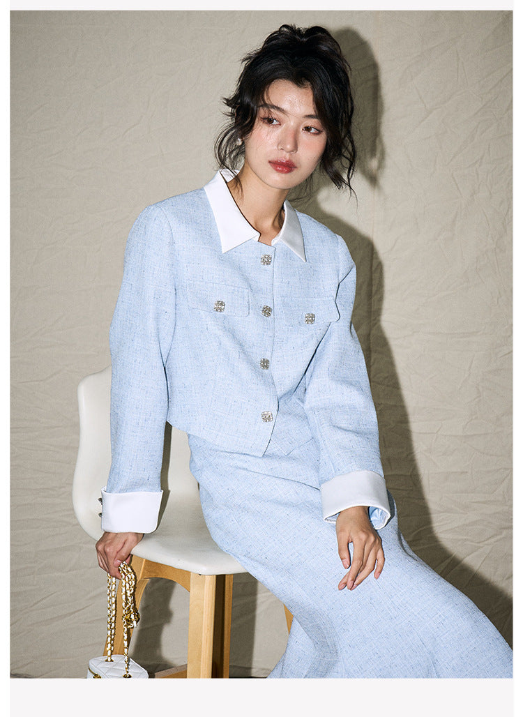 Elegant Contrast-Trim Mermaid Skirt Blazer Set