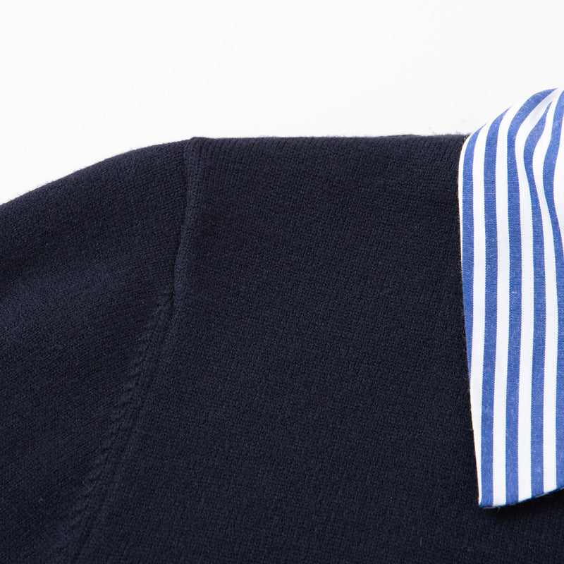Fake Two-Piece Women's Sweater – Striped Polo Collar Design