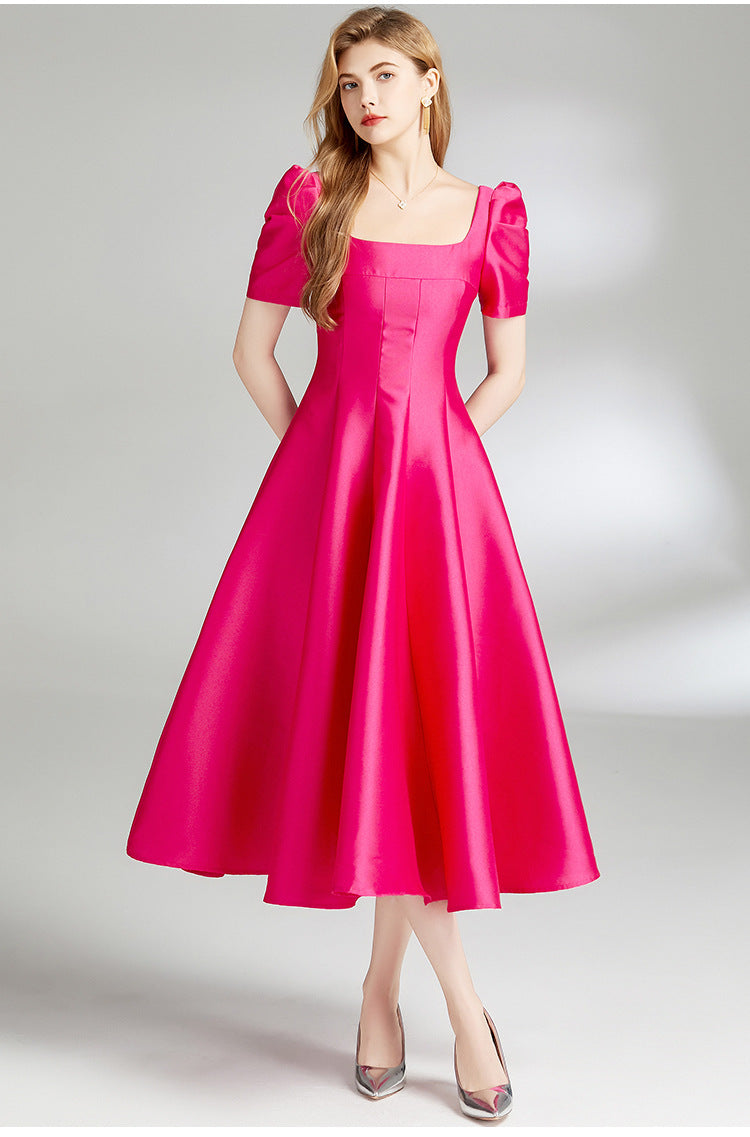 Elegant Hepburn Square-Neck Midi Dress