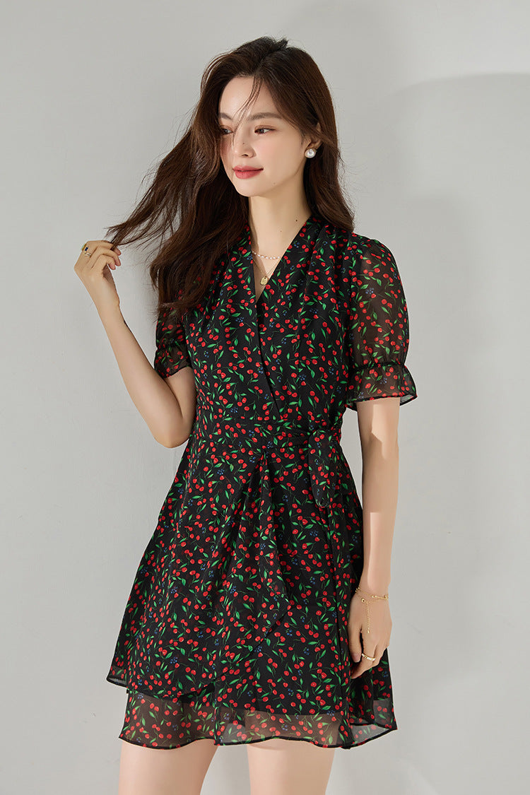 Fruit Print V-Neck Midi Dress