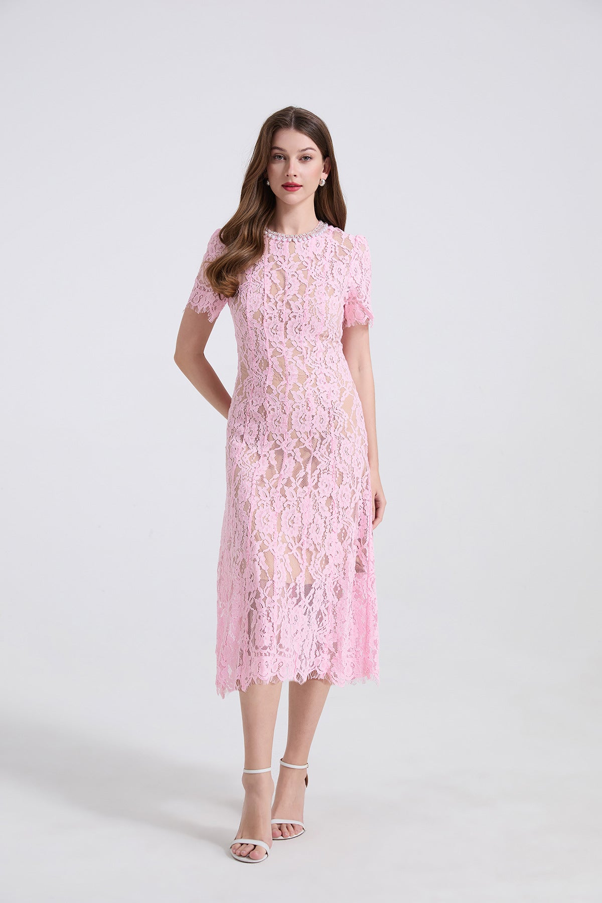 Pearl Embellished Lace Midi Dress