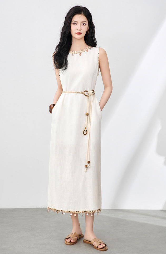 Boho Linen-Tencel Dress with Shell Detail and Removable Buckle Necklace