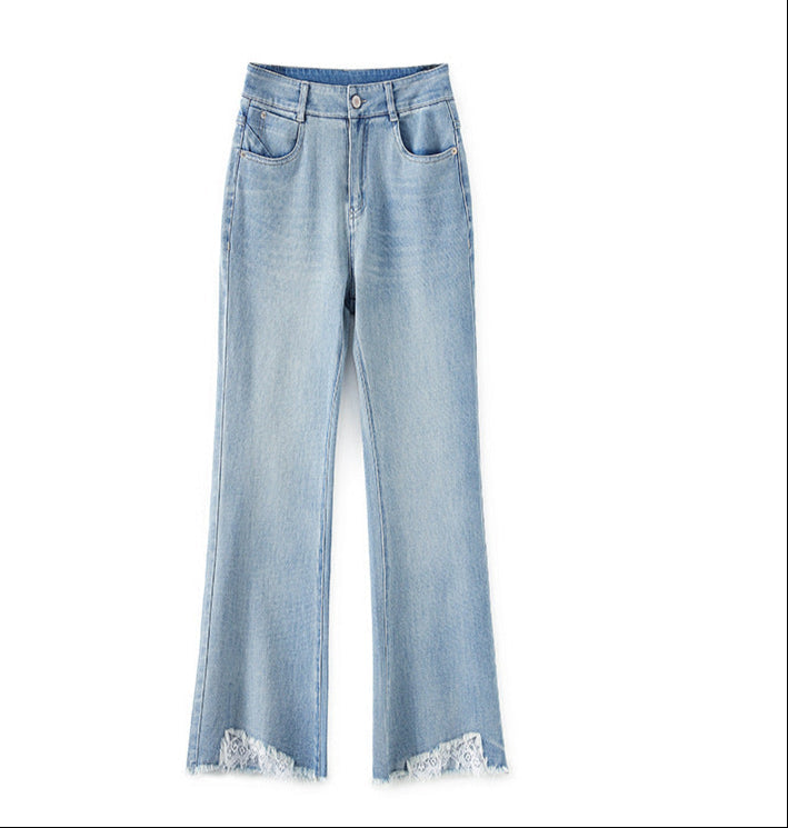 High Waist Wide-Leg Jeans with Lace Hem