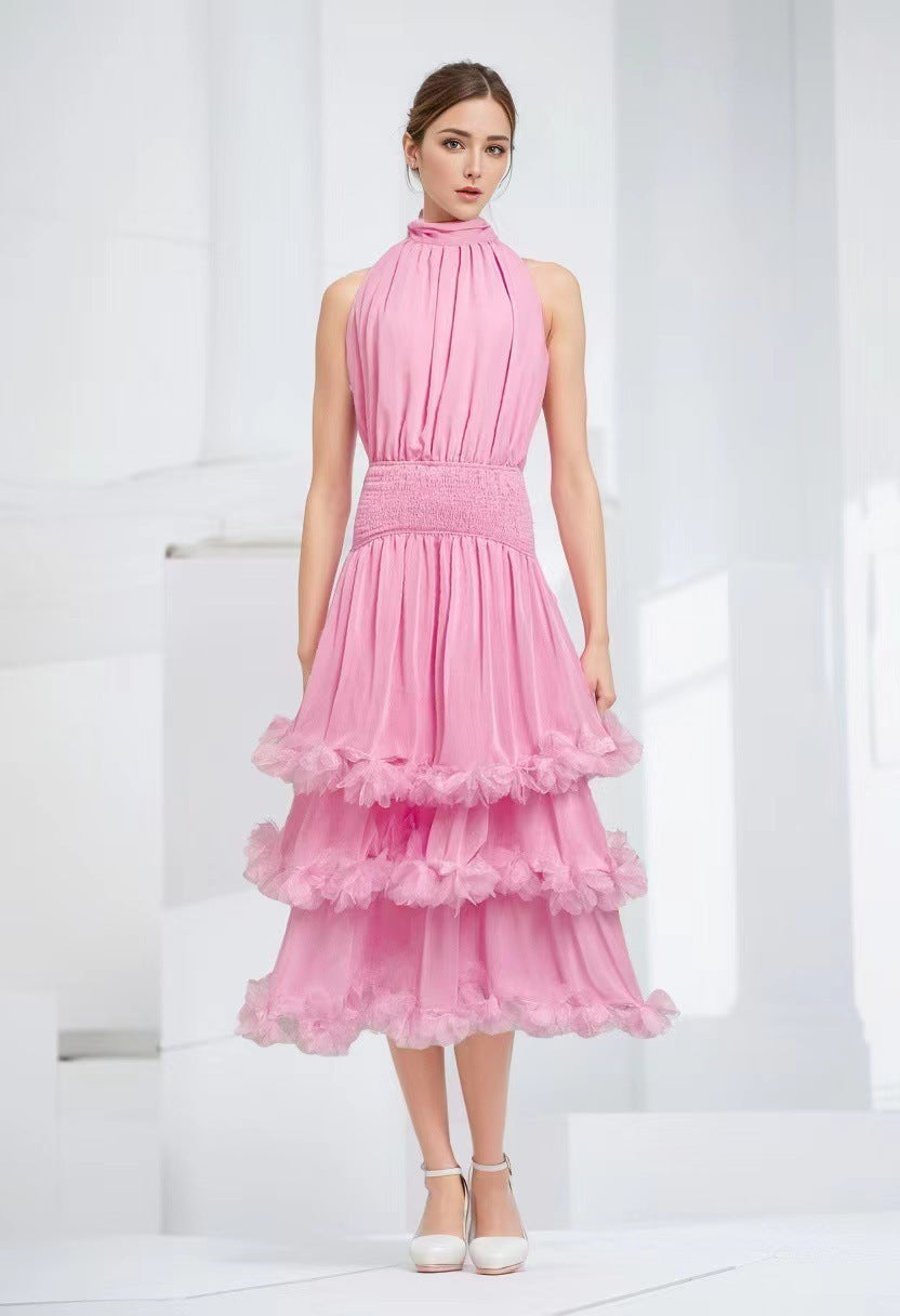 3D Floral High-Neck Evening Gown – Elegant Pink