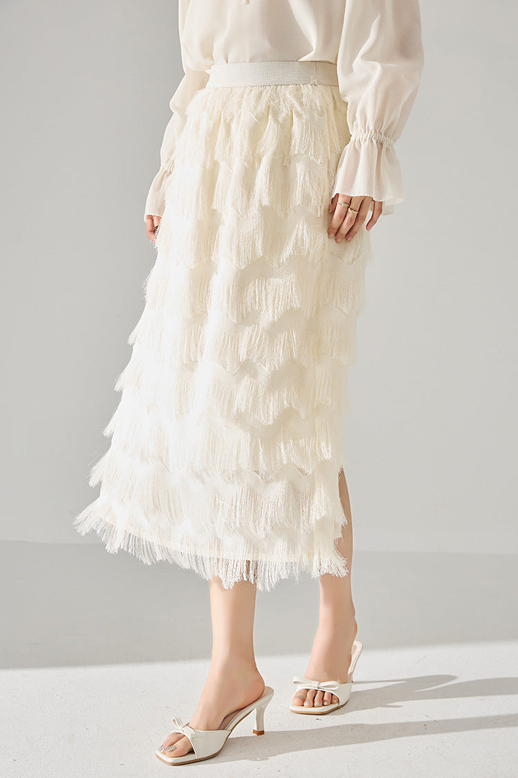 Tassel Layered Ecru Midi Skirt