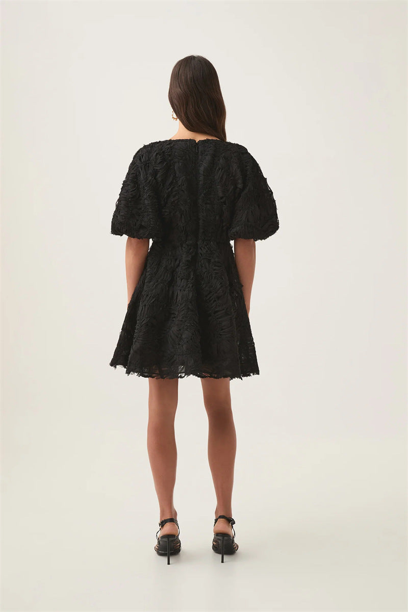 Textured Short Puff Sleeve A-Line Dress