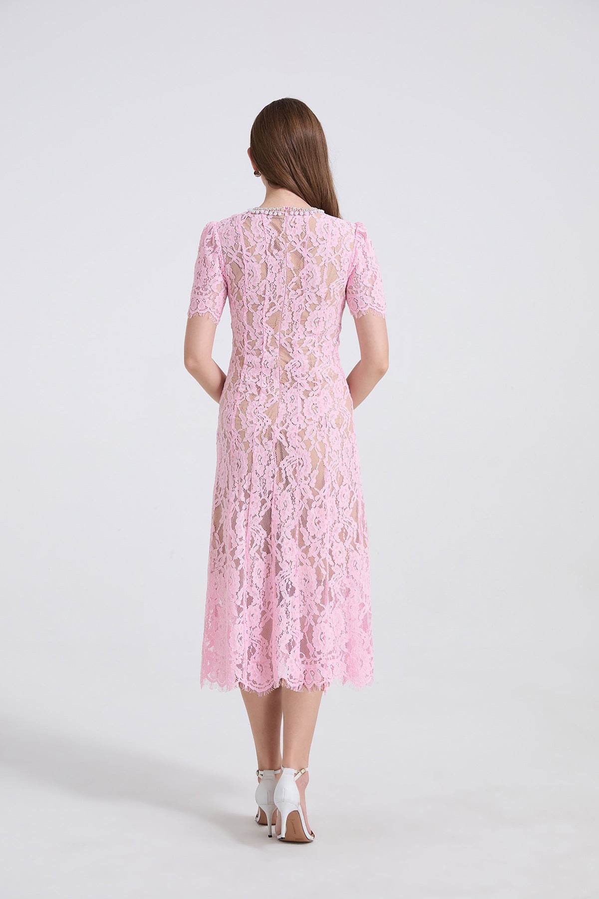 Pearl Embellished Lace Midi Dress