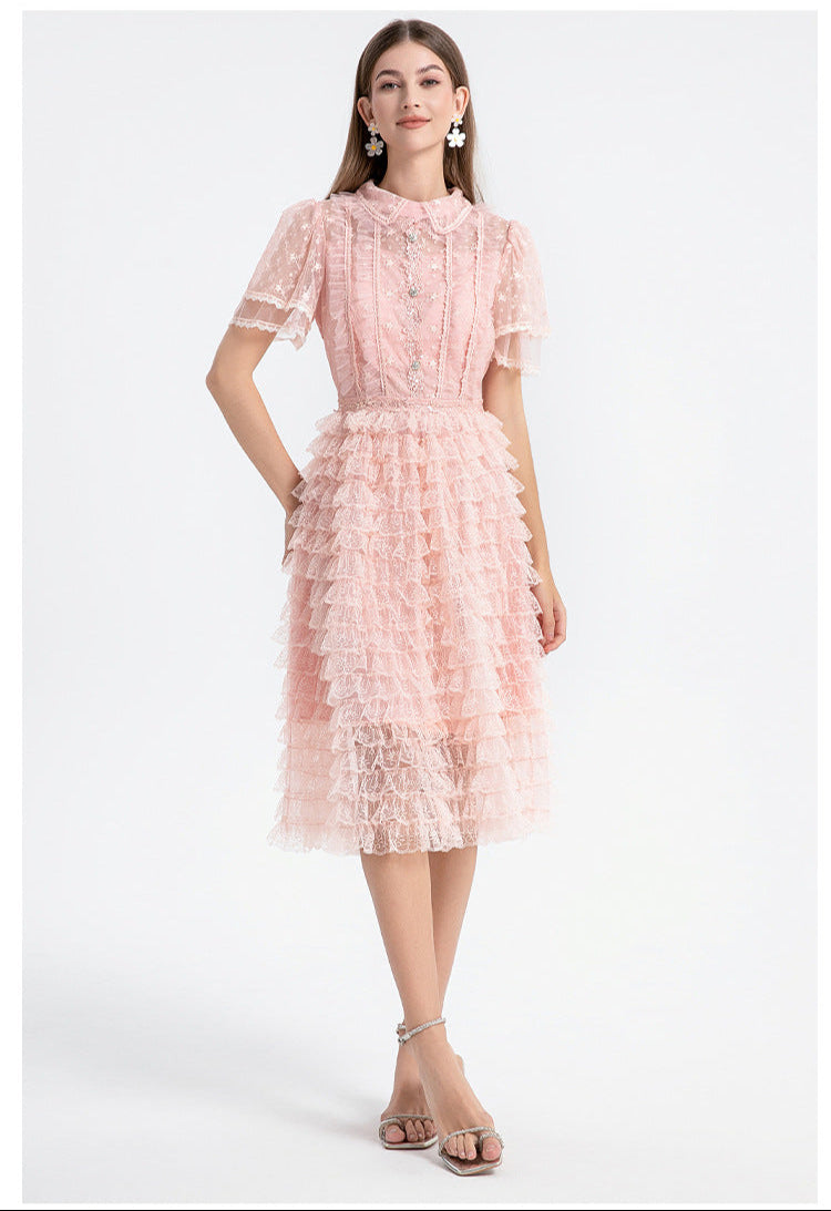Blush Ruffle Lace Dress with Peter Pan Collar & Puff Sleeves