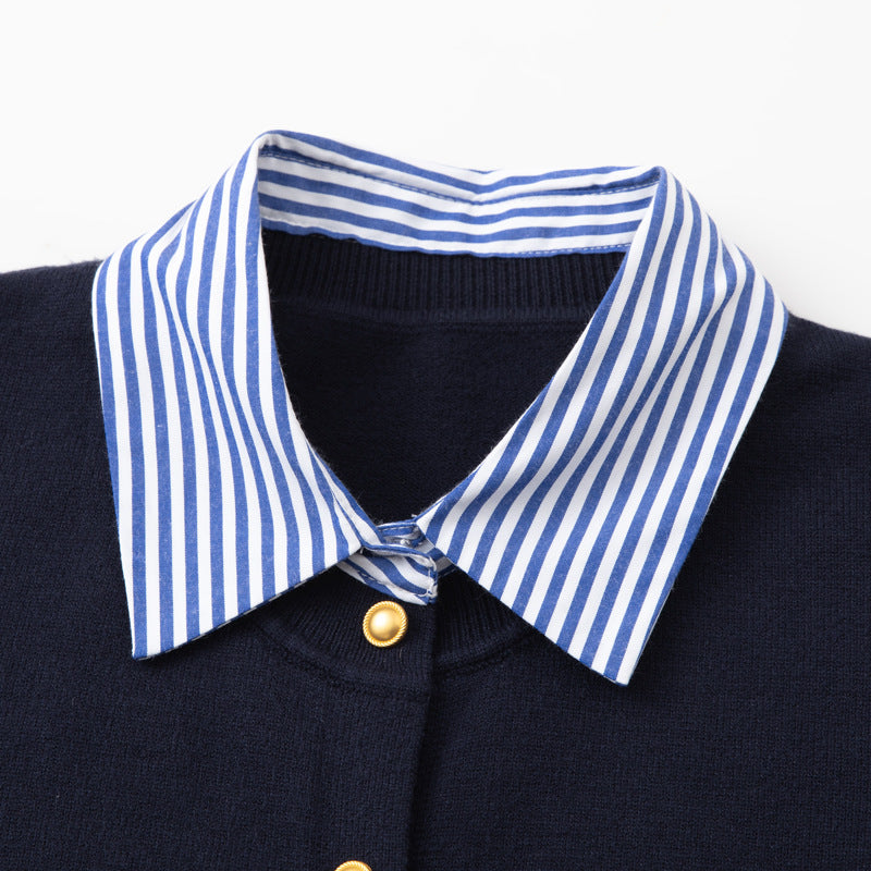 Fake Two-Piece Women's Sweater – Striped Polo Collar Design