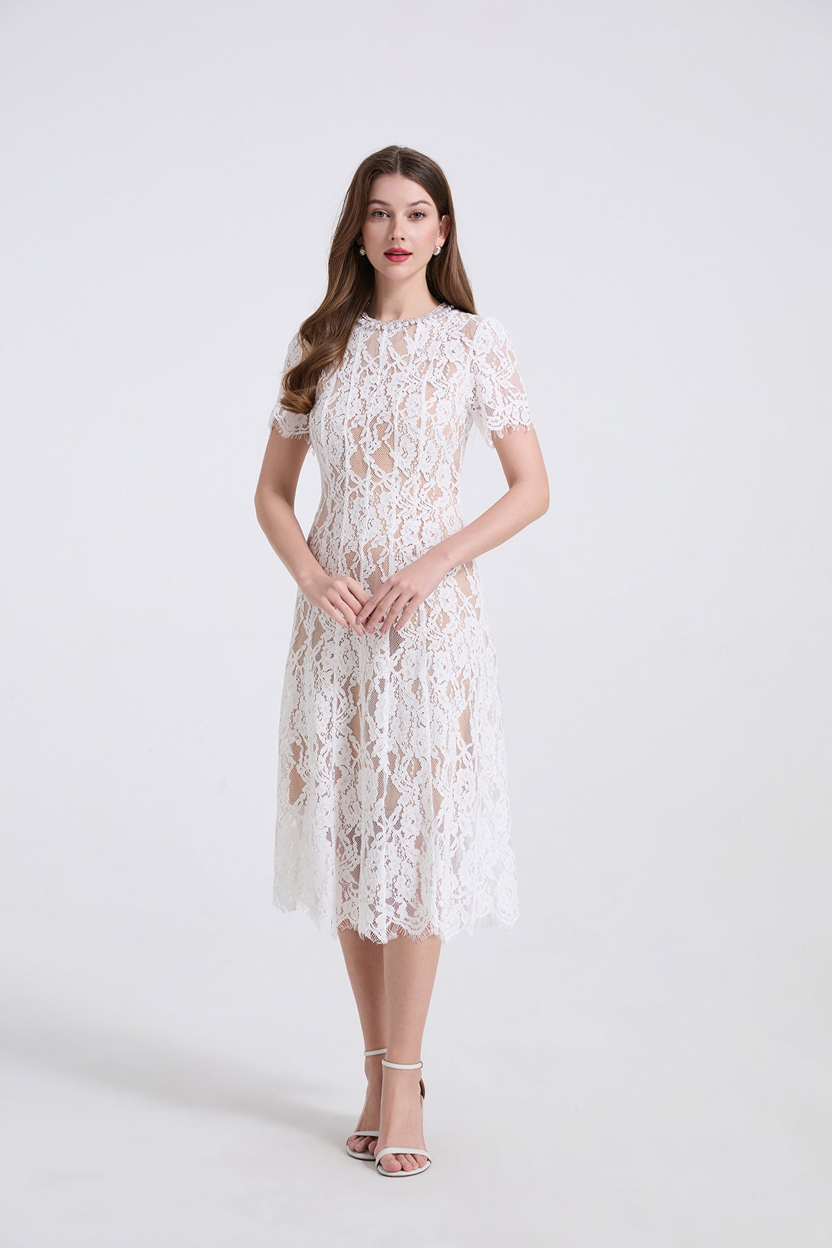 Pearl Embellished Lace Midi Dress