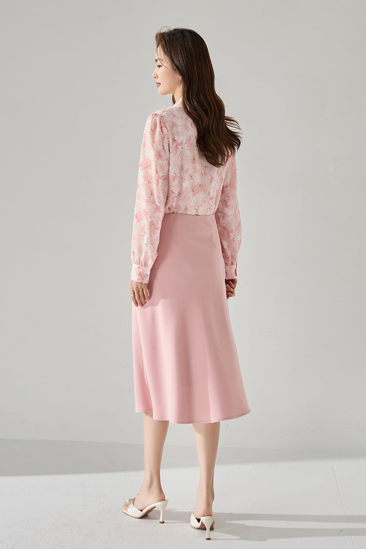 Pink Floral Chiffon Blouse with Bow