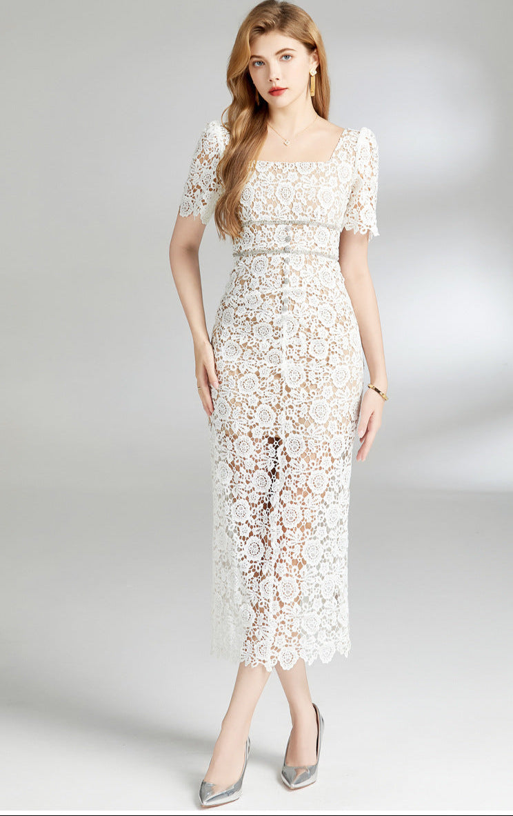 Square Neck Floral Lace Midi Dress