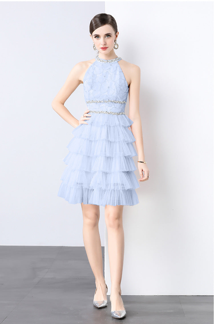 Crystal Chain Halter Neck Layered Tulle Dress