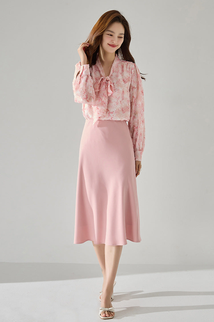 Pink Floral Chiffon Blouse with Bow