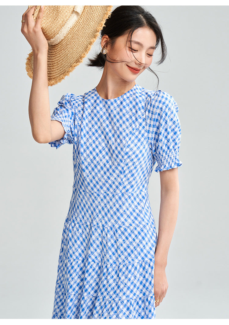 Blue-White Plaid Midi Dress